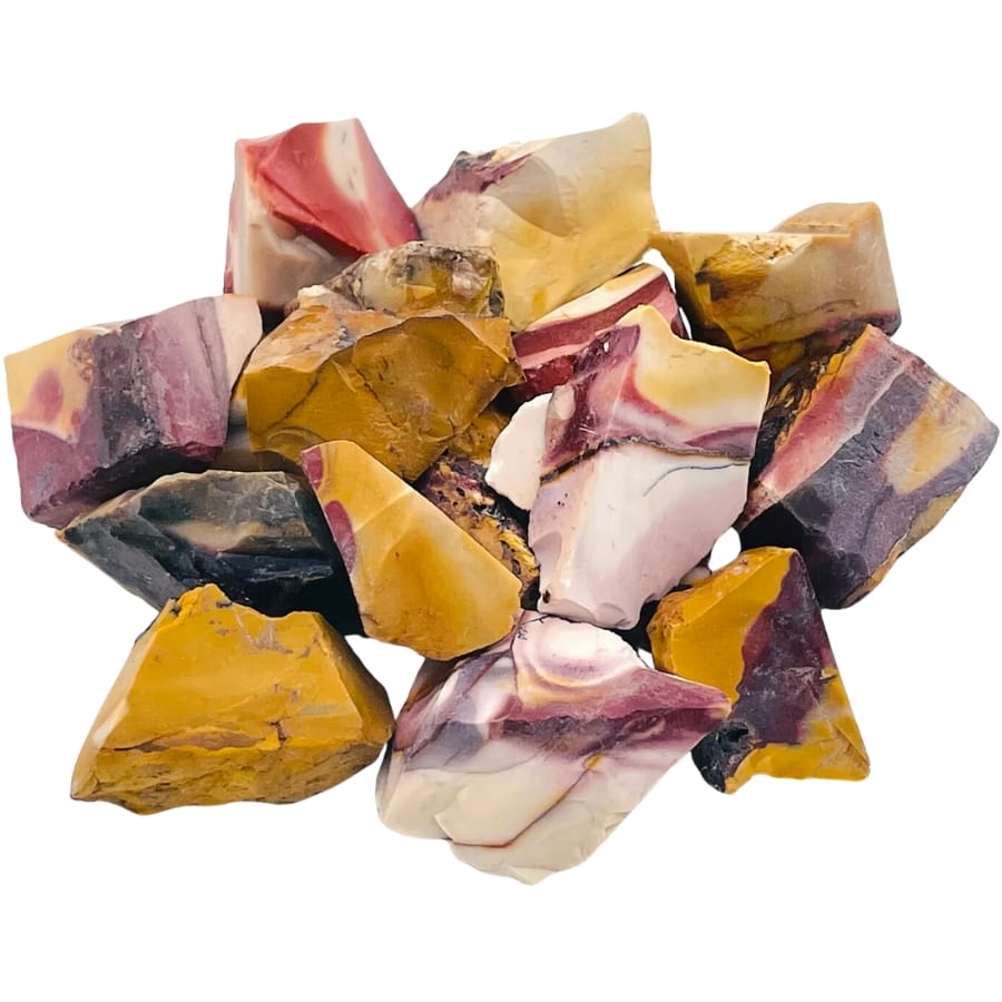 Pieces of raw Mookaite jasper in different colors of yellow, red, white, and brown