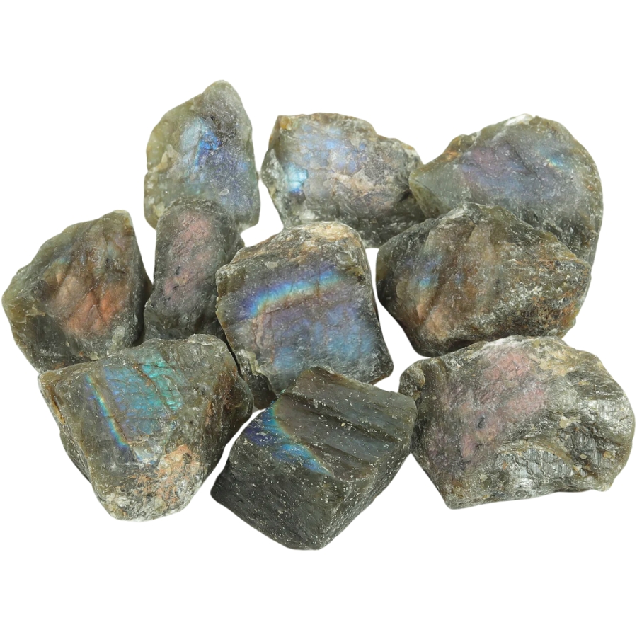 Pieces of raw labradorite stones