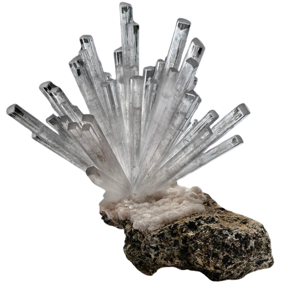 A stunning cluster of natrolite crystals on a matrix