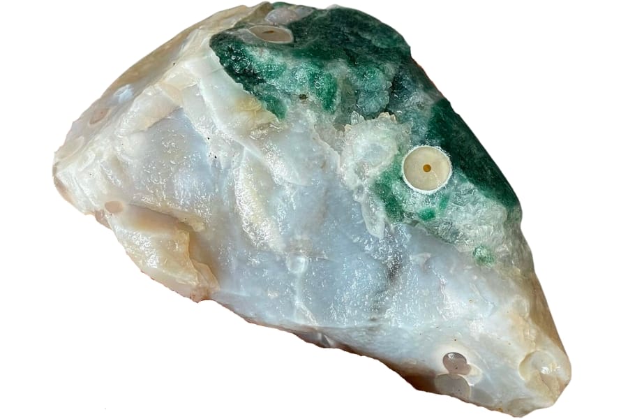 Close-up look at a raw and rough ocean jasper with interesting green patterns