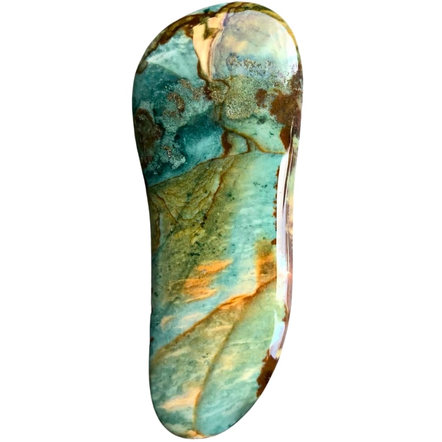 An elongted polished vista jasper in a beautiful mix of blue green, brown, and yellow colors