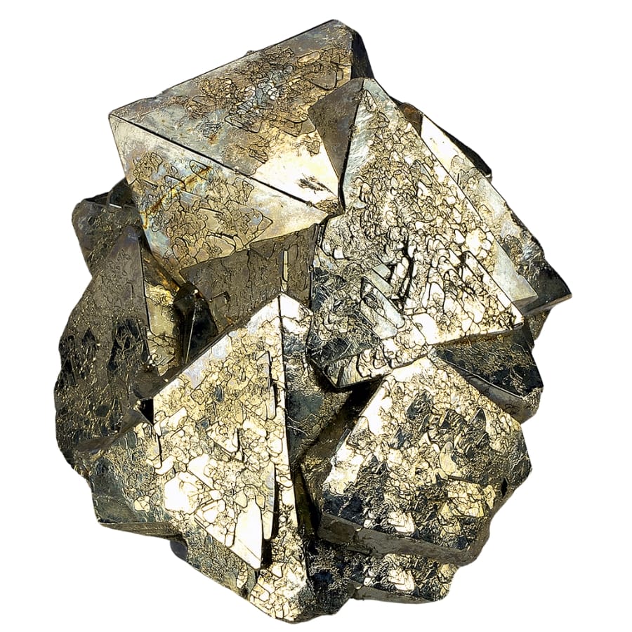 A brilliant gold pyrite crystal with a distinct texture and pattern