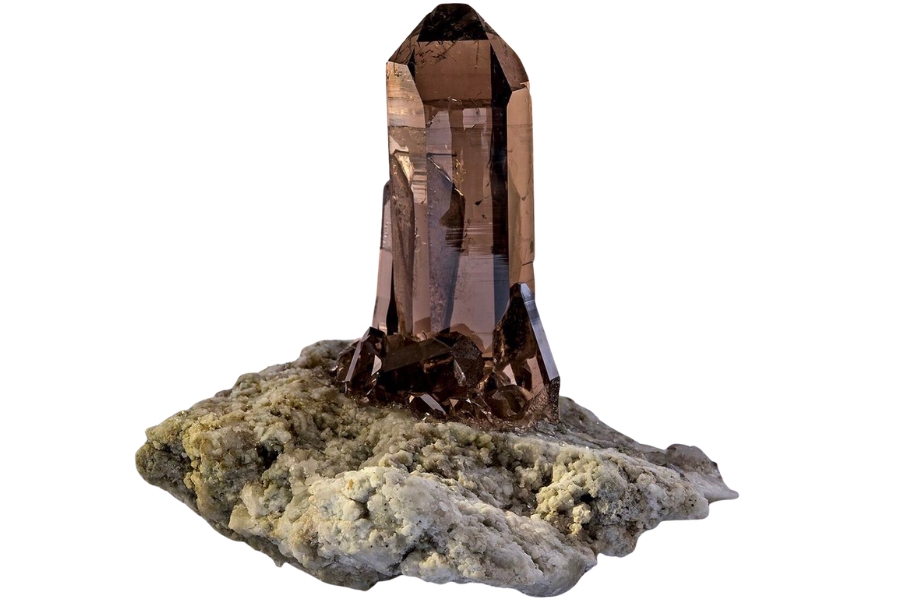 A single smoky quartz crystal perched on feldspar