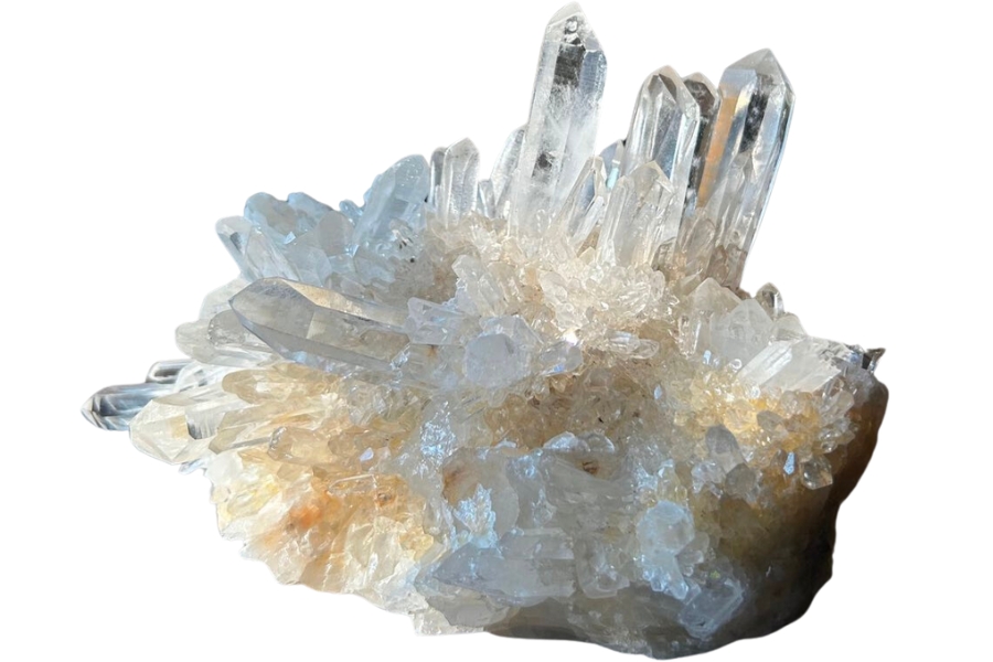 A stunning cluster of clear quartz crystals