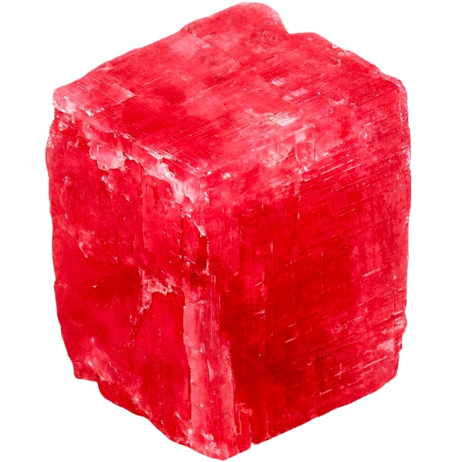 A pinkish red rhombohedral rhodochrosite crystal
