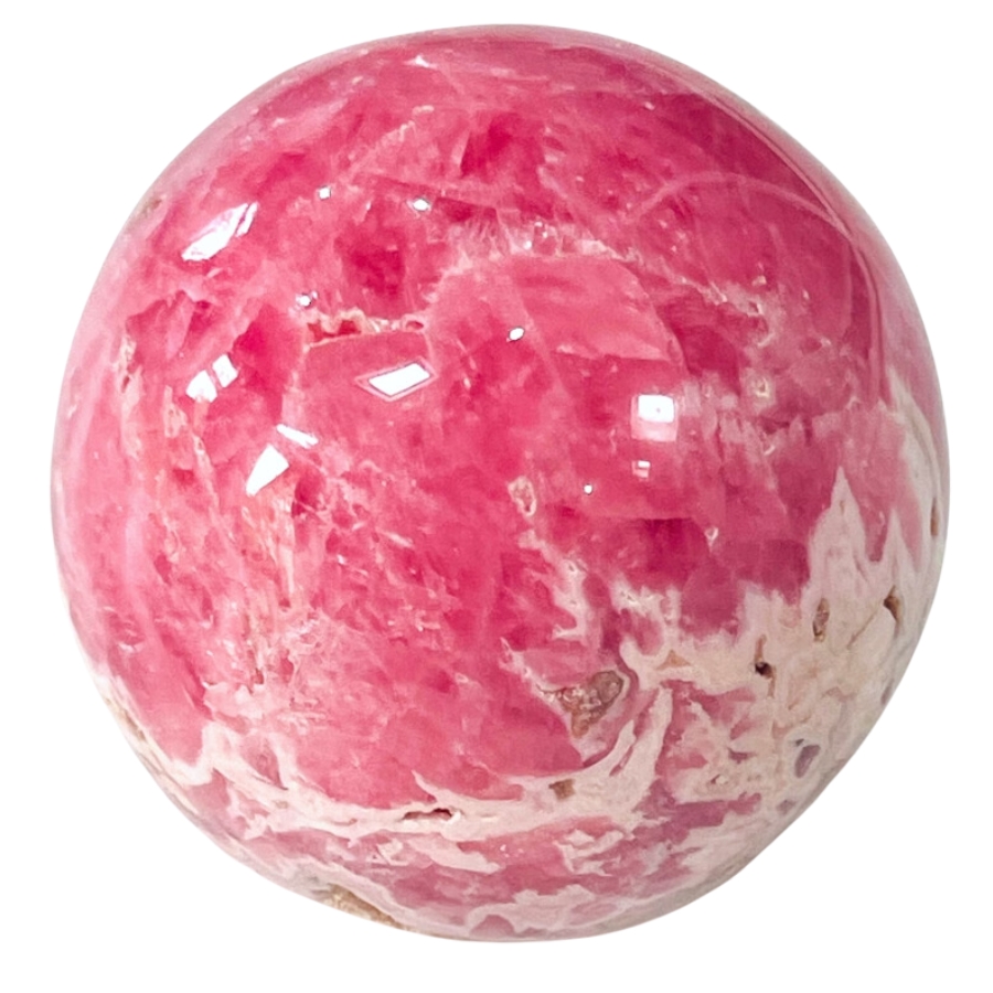 A pretty pink rhodochrosite sphere crystal with amusing patterns