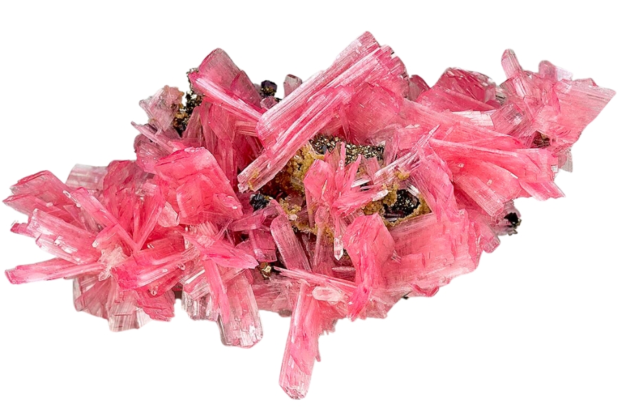 A breathtaking cluster of thin and short pink rhodonite crystals
