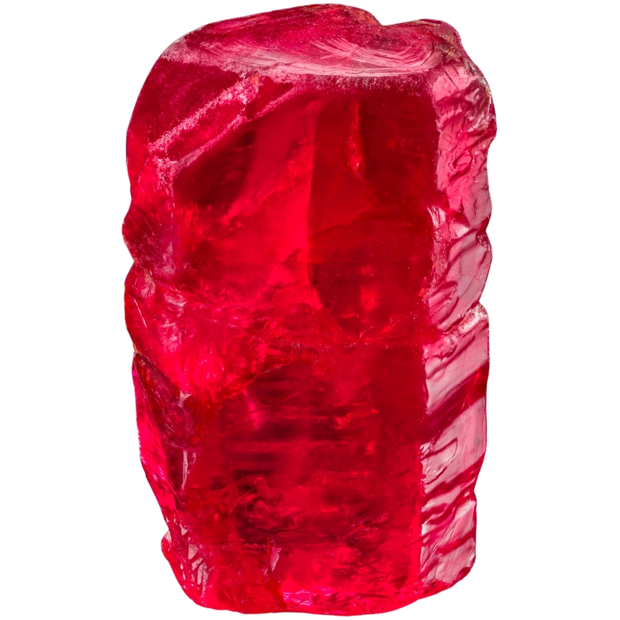A vibrant red ruby crystal with a euhedral trigonal crystal shape
