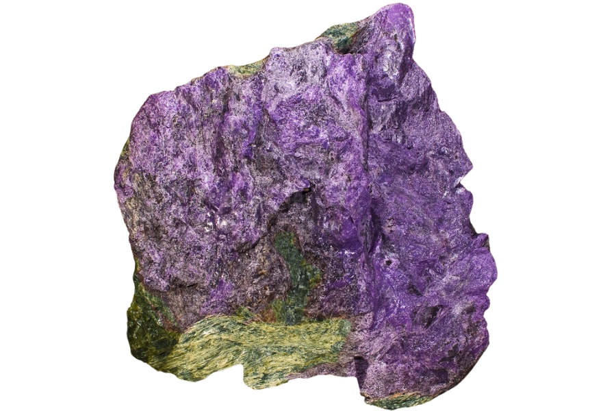 A mesmerizing purple stichtite with patches of green and yellow