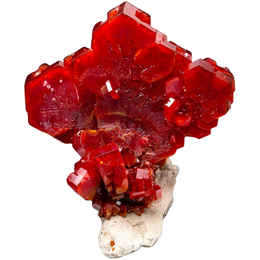 A breathtaking specimen of raw, cherry-red vanadinite