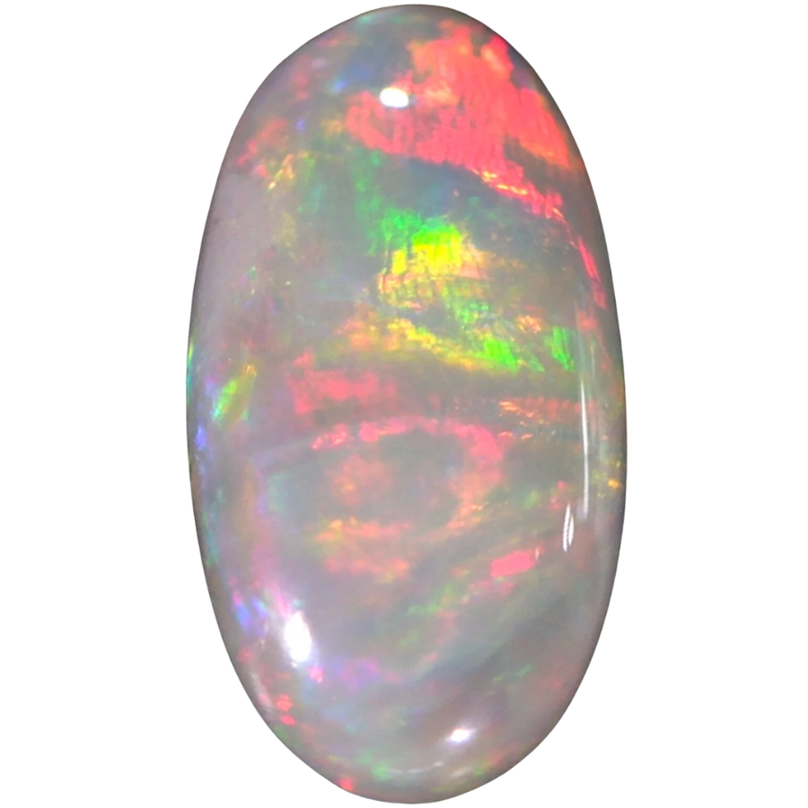 White fire opal cabochon showing a play of fire