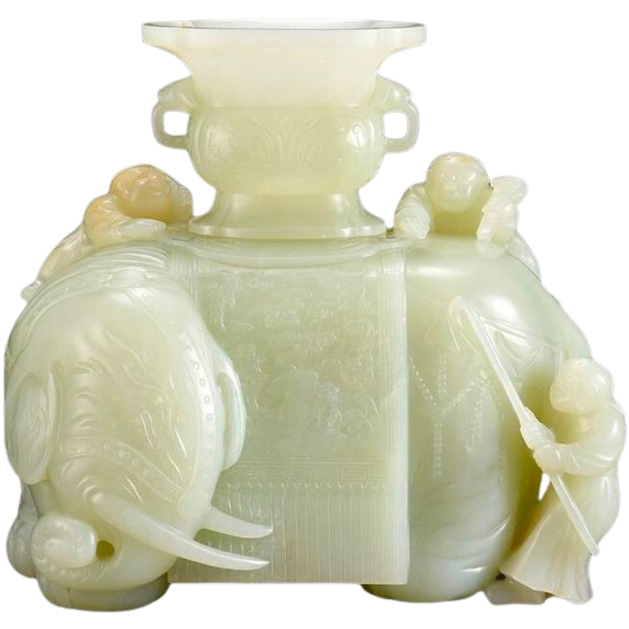 An elephant and vase sculpture made out of white jade from the Qing Dynasty