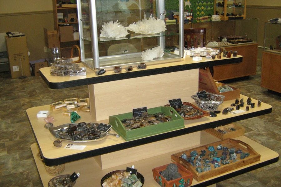 display case showcasing rocks and minerals