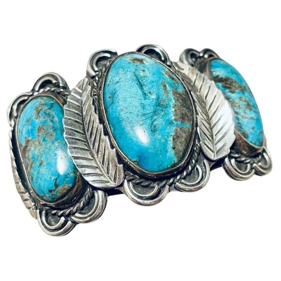 silver cuff with three oval Blue Diamond turquoise cabochons