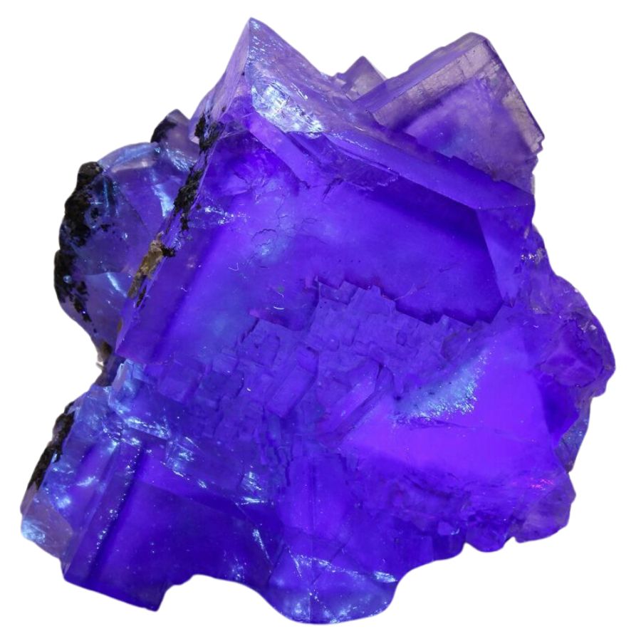 cubic fluorite crystals glowing bluish purple under UV light