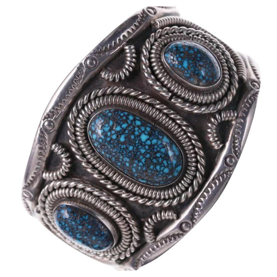 silver cuff with three blue Lander Blue turquoise cabochons