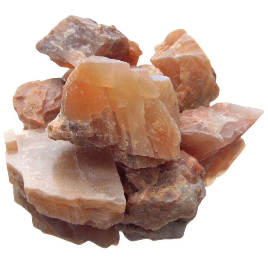 rough peach moonstone pieces in a pile