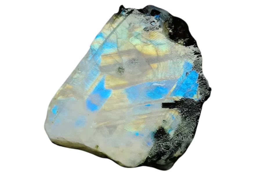 white rainbow moonstone with a blue and yellow sheen