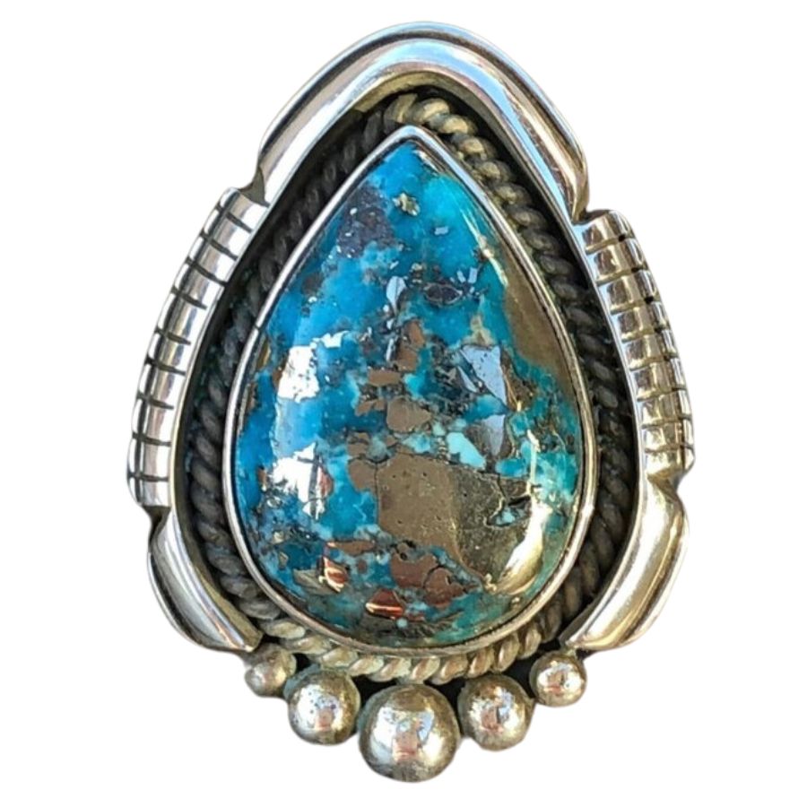 teardrop-shaped Morenci turquoise in a silver setting