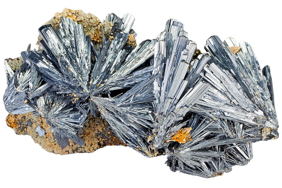 blade-like stibnite crystals on a rock