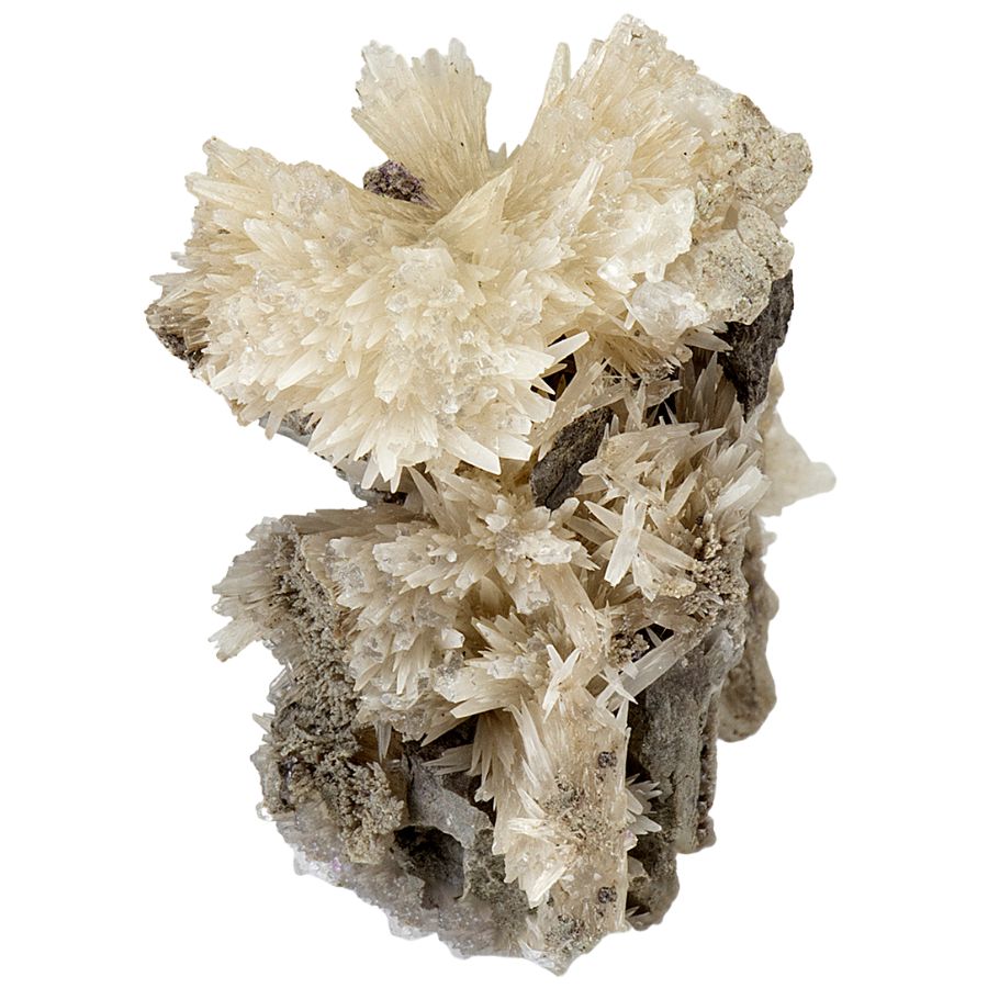 white needle-like strontianite crystals on a matrix