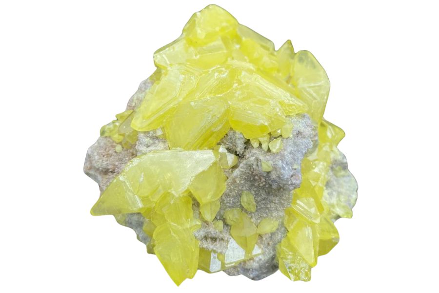 yellow sulfur crystals on a rock