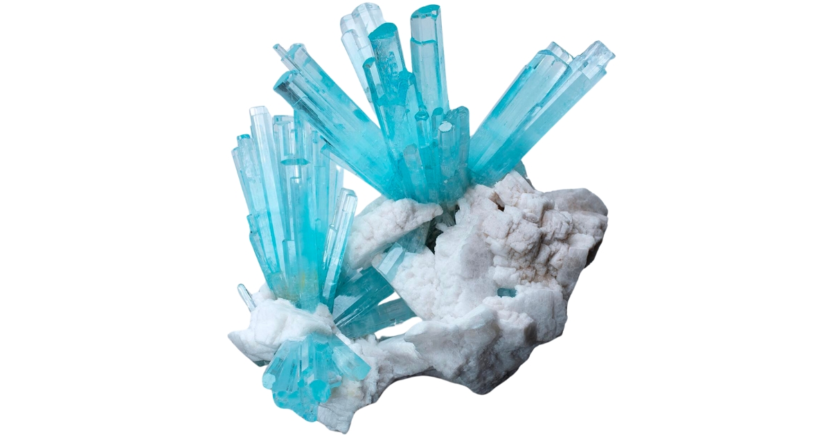 Fascinating blue crystals of aquamarine on white feldspar