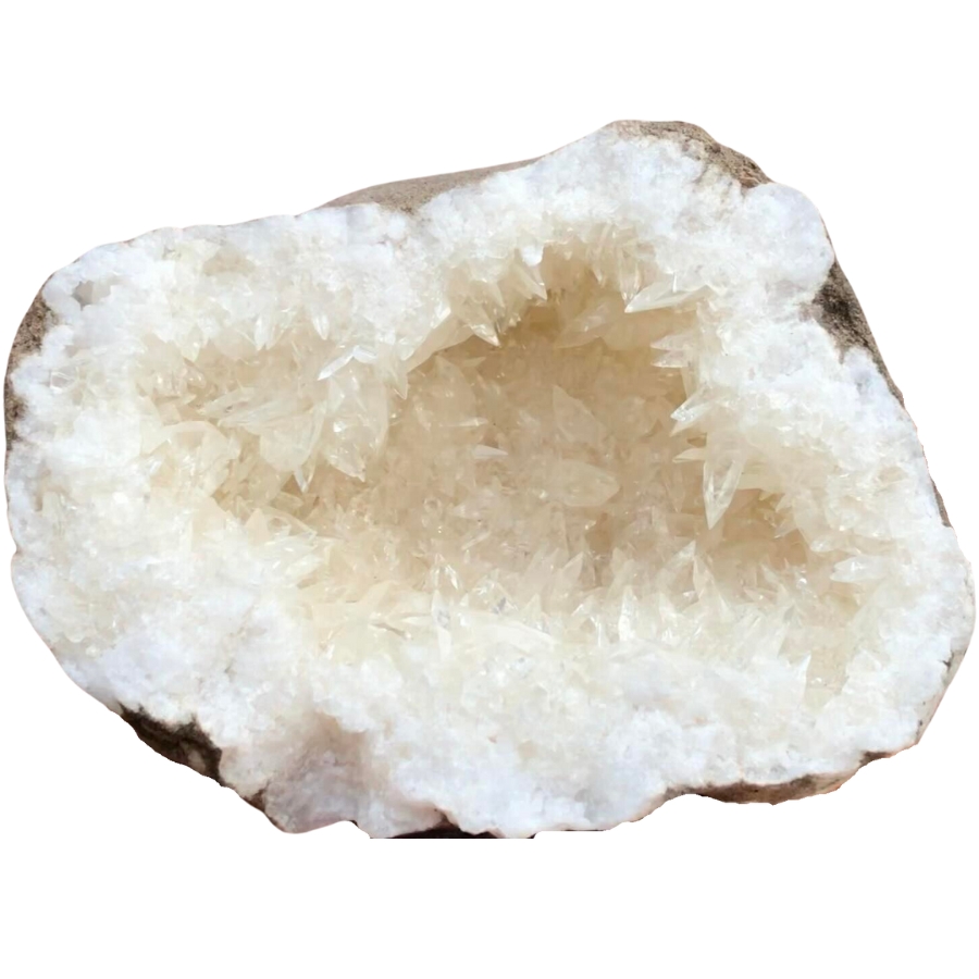 Fine crystals of white aragonite inside a geode