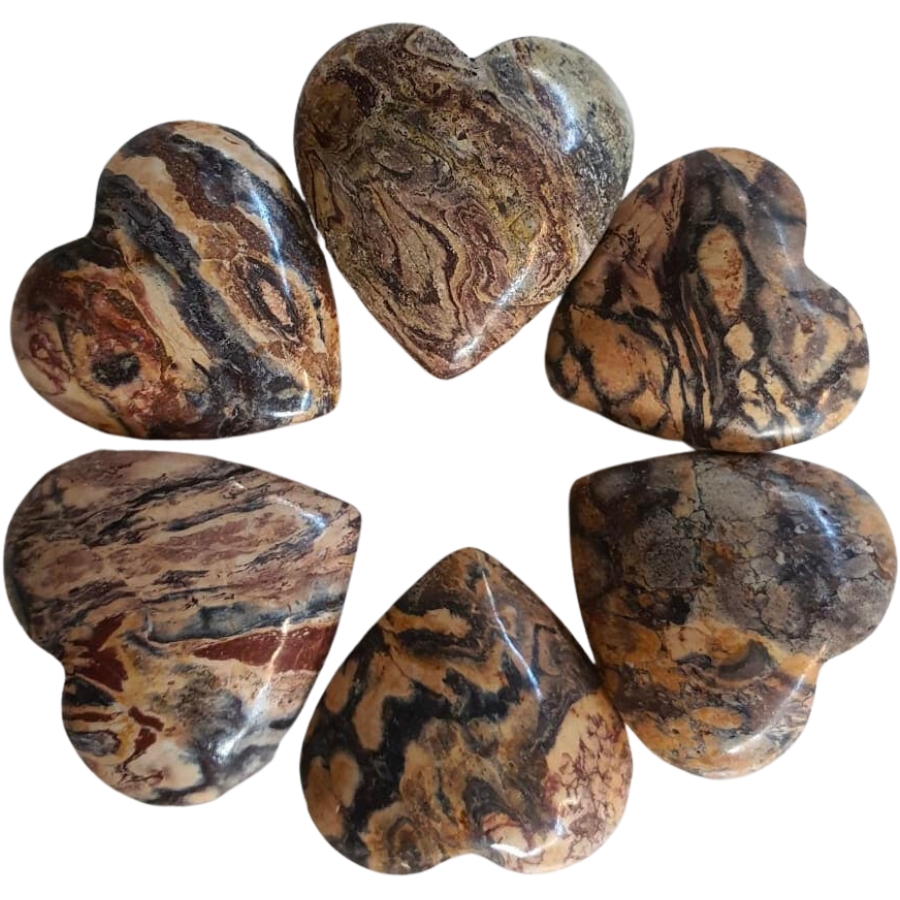 Six pieces of heart-shaped polished batik jaspers