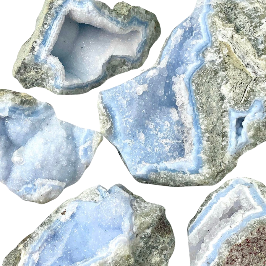 Different shapes and sizes of raw blue lace agates