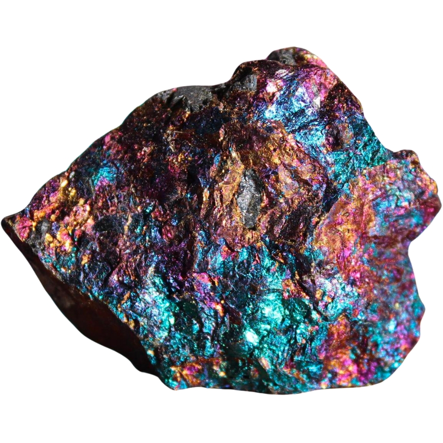 A raw specimen of colorful bornite or peacock ore