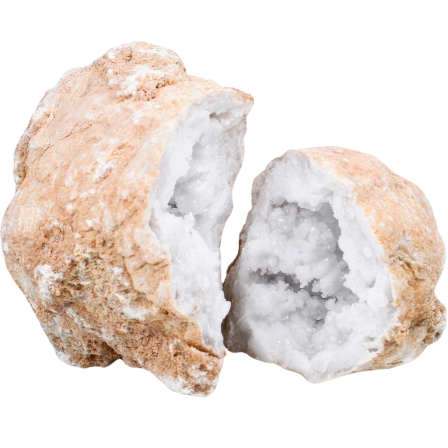 Two sides of a cracked open calcite geode showing sparkling white crystals