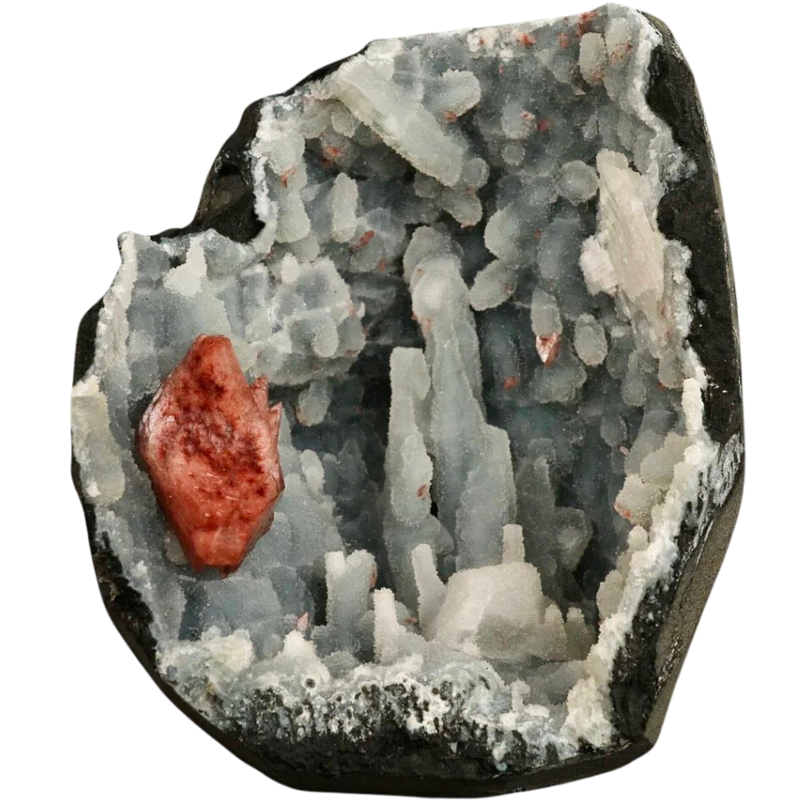 Chalcedony stalactites and a brown heulandite inside a geode