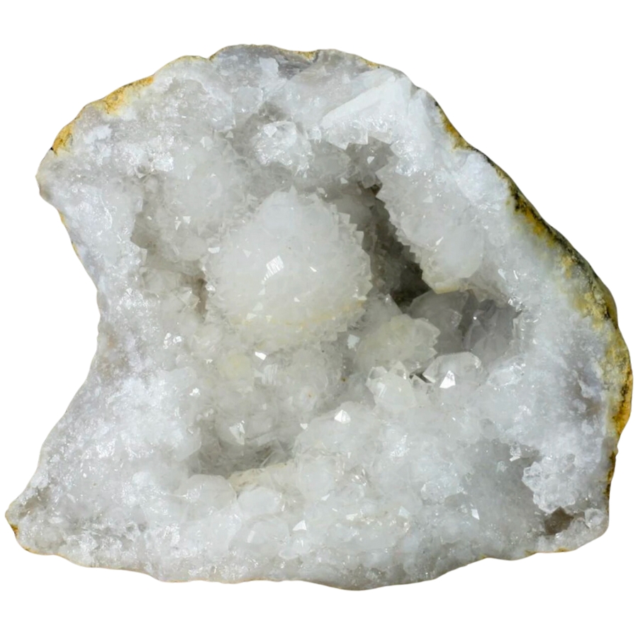 A beautiful, opened clear quartz geode with sparkling crystals