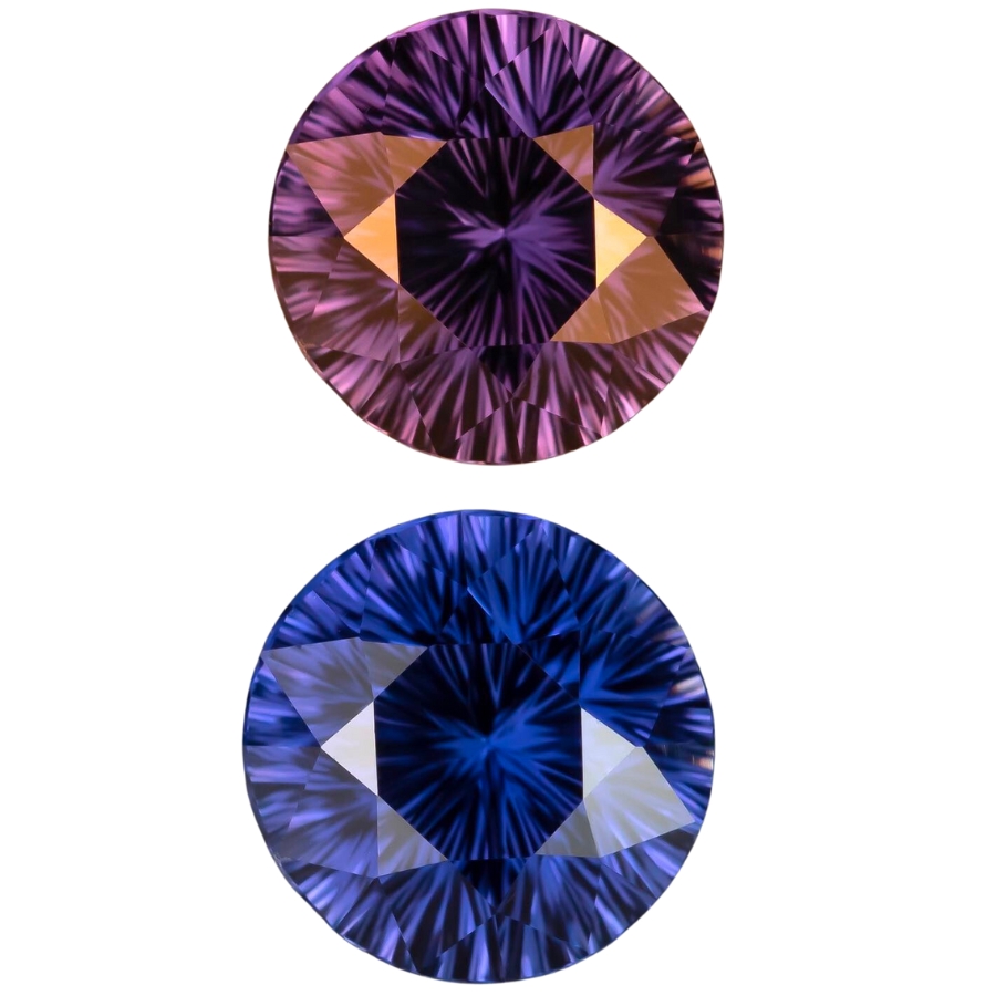 The same color change sapphire exhibiting different colors under different lights