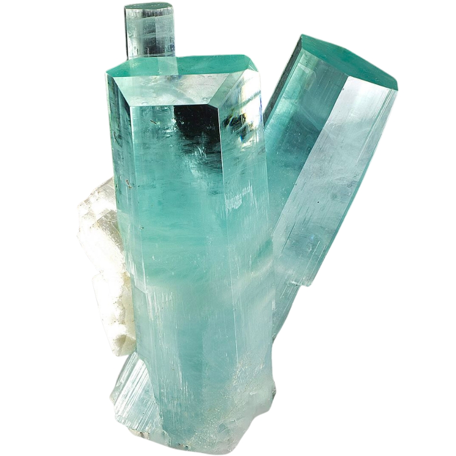 Crystals of blue-green aquamarine with white albite on the side