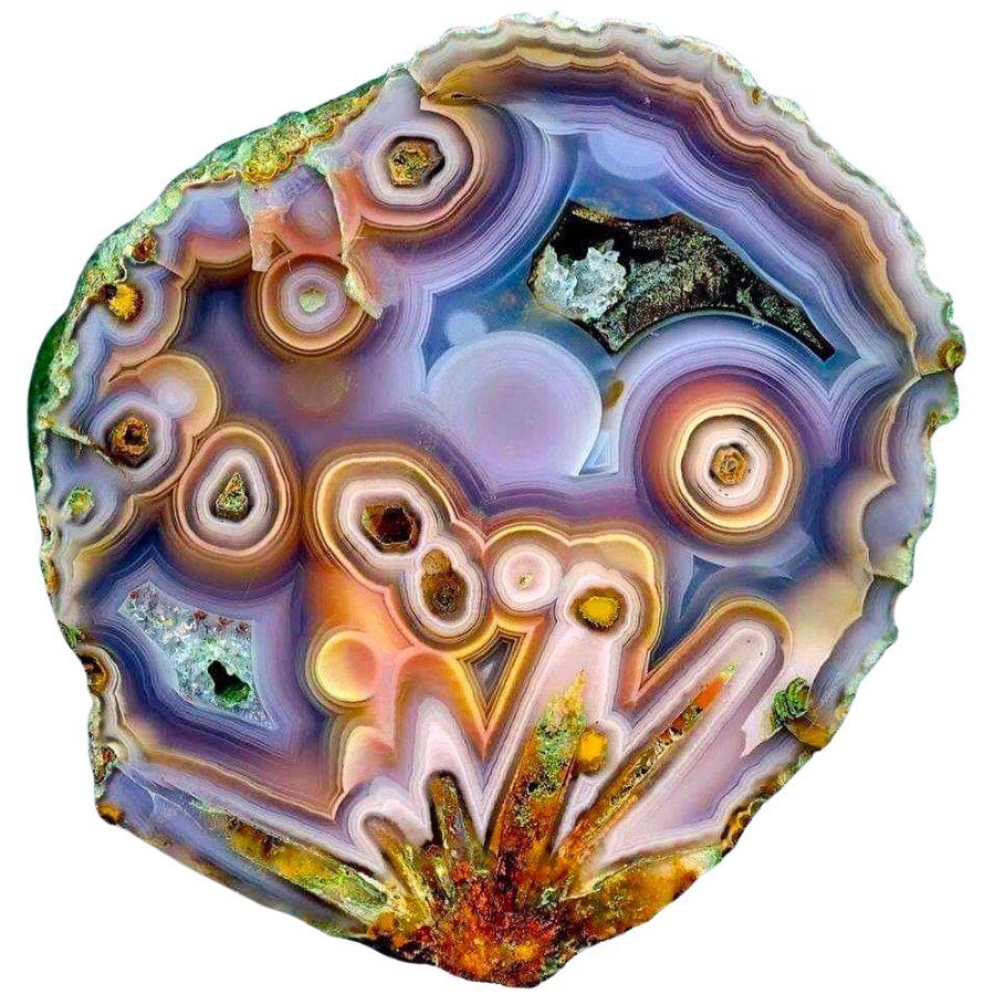 A polished Coyamito agate showing complex patterns of swirls and bands in different colors