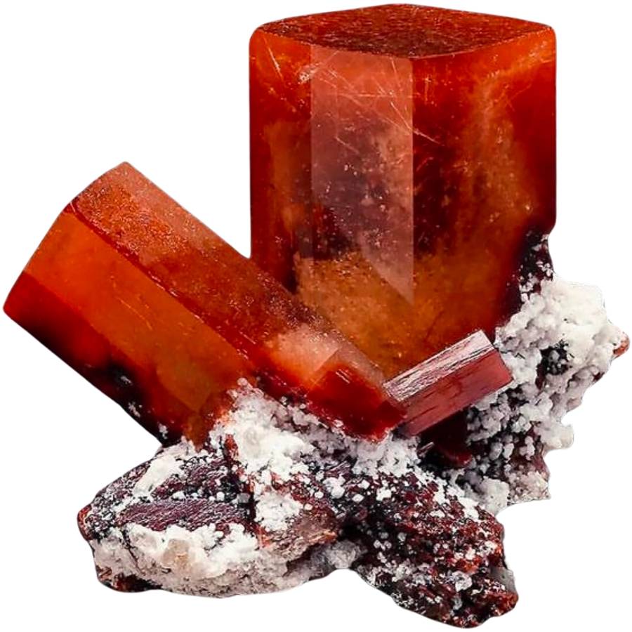 Crystals of intense orange-red topaz perched on a matrix