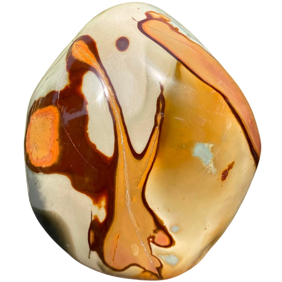 A tumbled piece of desert jasper with a mesmerizing mix of patterns in deep red and orange of varying intensities