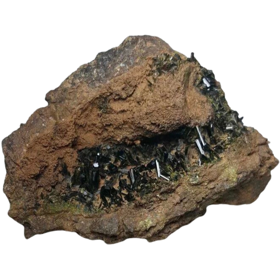 An epidote geode showing small but long and thin crystals of dark green hue 