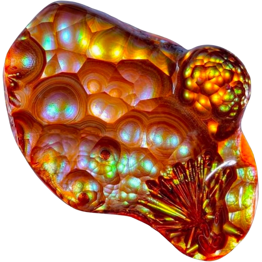 A stunning specimen of fire agate displaying strong iridescence of different colors