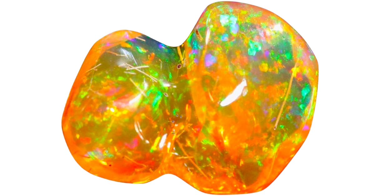 An orange Mexican fire opal with an amazing play-of-color