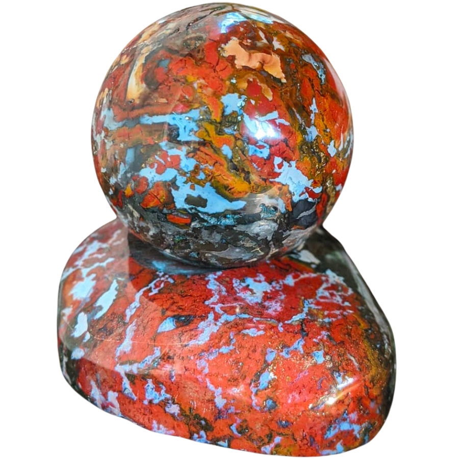 Polished flower jasper sphere over a stand made out of polished flower jasper as well