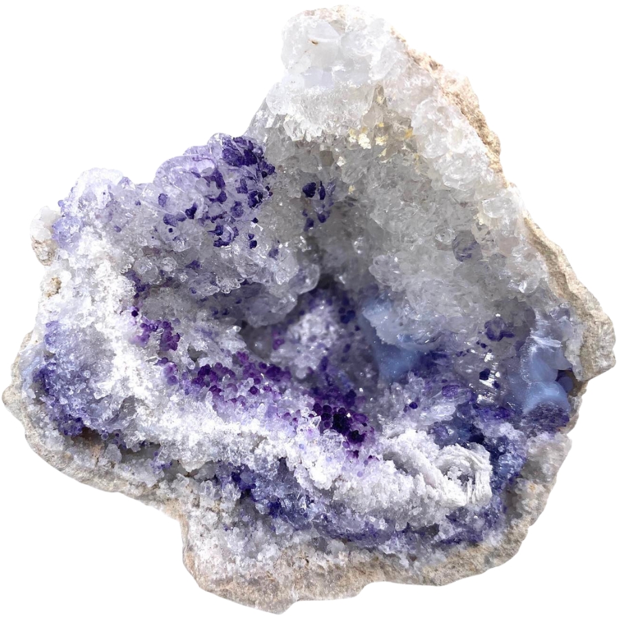 An open geode showing a beautiful mix of fluorite and chalcedony crystals