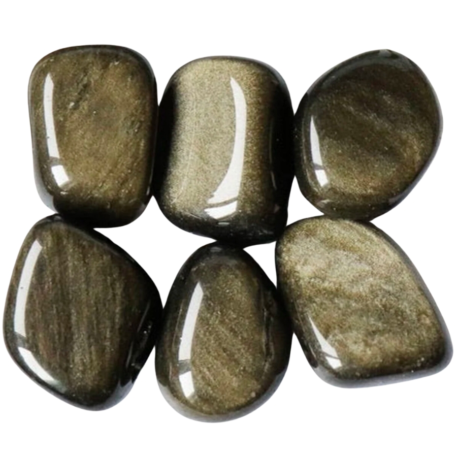 Six pieces of tumbled, shiny, gold sheen obsidian 