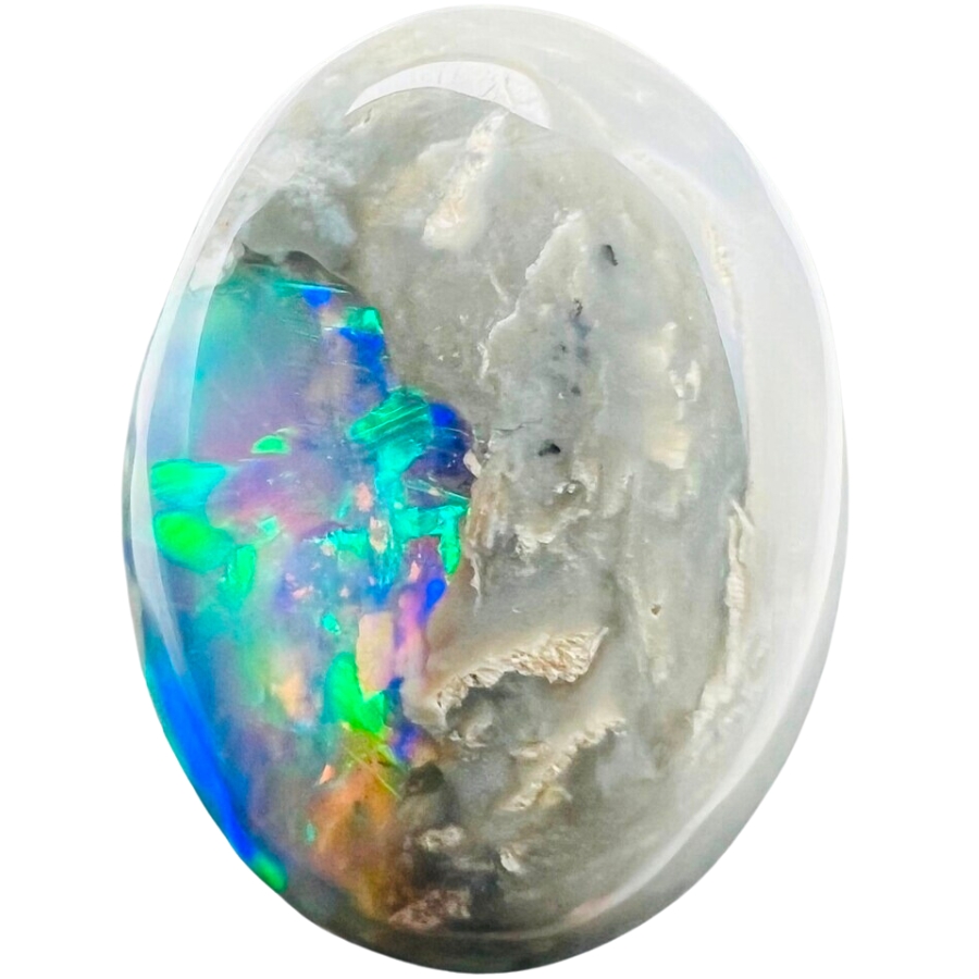 A gray opal cabochon showing slight play-of-color on one side