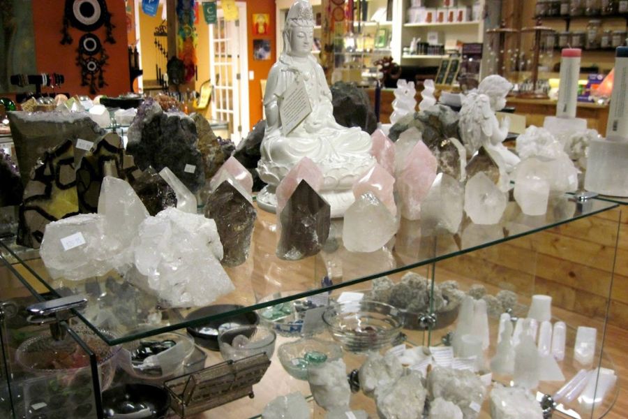 glass shelves displaying rocks and minerals