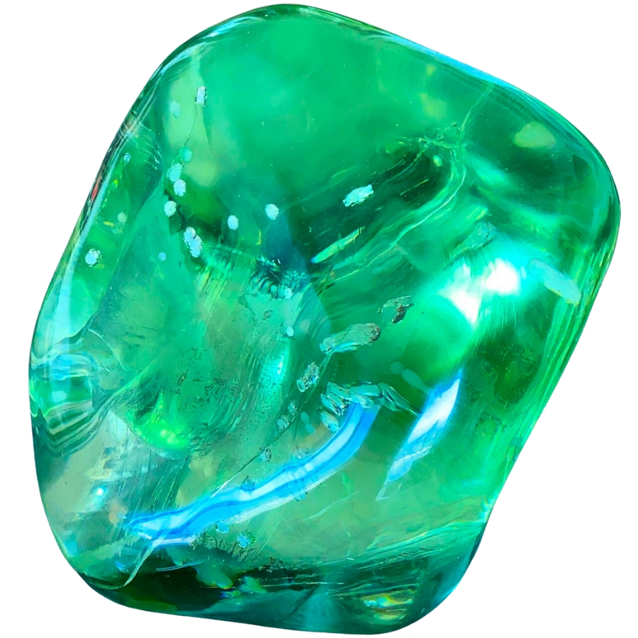 A beautiful, visibly glassy piece of green obsidian with a streak of blue