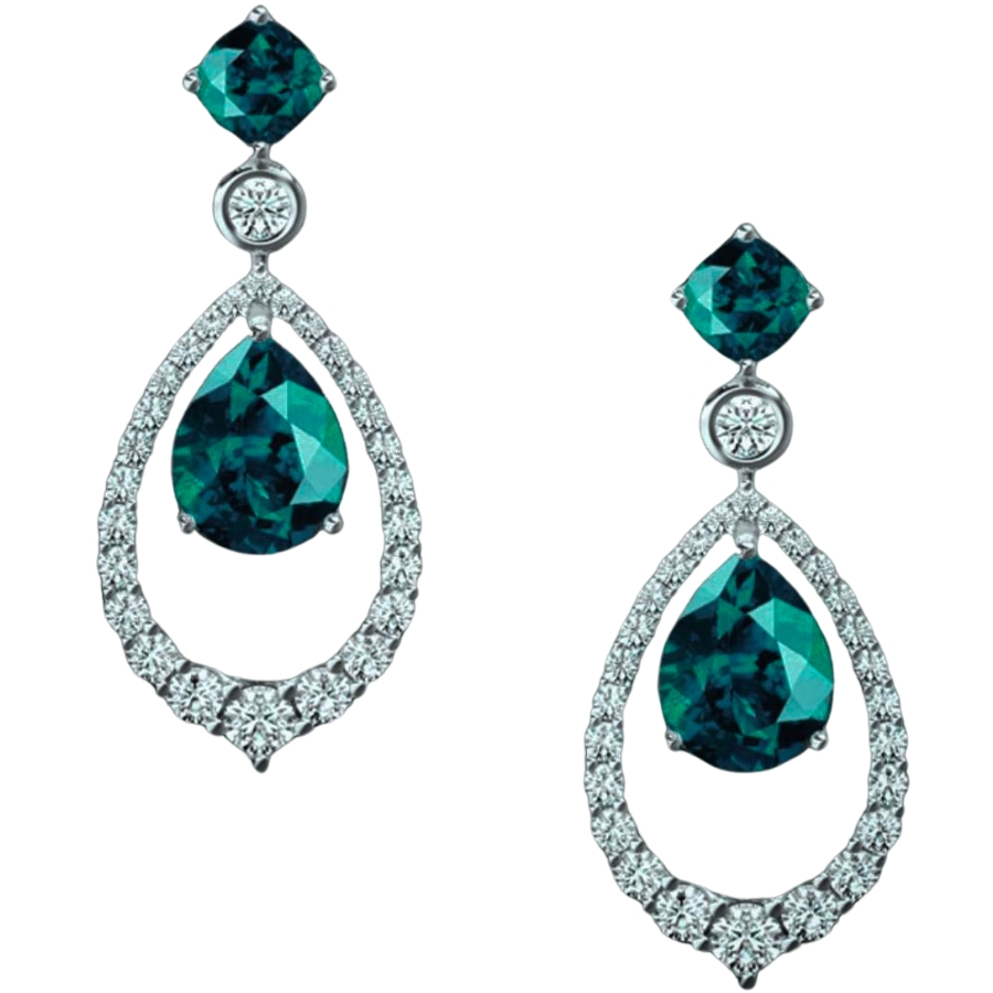 A pair of dangling earrings with small, sparkling white diamonds and beautiful deep green topaz crystals