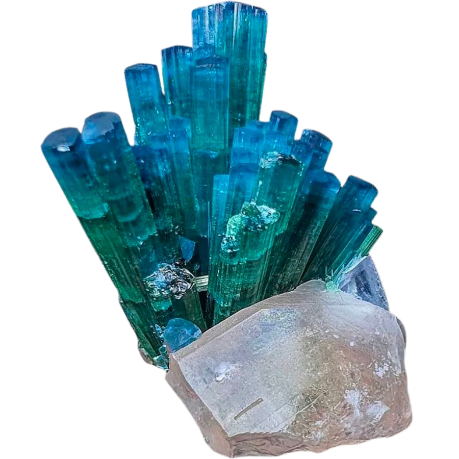 Indicolite crystal cluster with blue tips and greenish body on light pink morganite